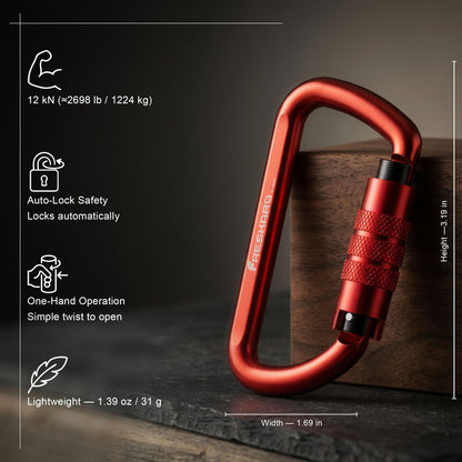 FresKaro 3inch Auto Locking Carabiner Clips, Solid D Shape Style, Heavy Duty Keychain Aluminum Carabiner - Holds a Maximum of 2698lbs, Lightweight 1.09oz, for Hammock, Hiking, Dog Leash, 3pack, Red