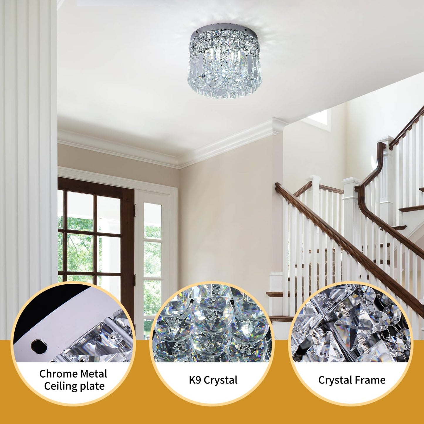 CEENLI Mini Modern Round Crystal Flush Mount Chandelier 7.8 inch Ceiling Light Fixture 4-Lights G9 Bulb for Closet Foyer Hallway Bedroom Living Room Dining Room Entryway Chrome Finish