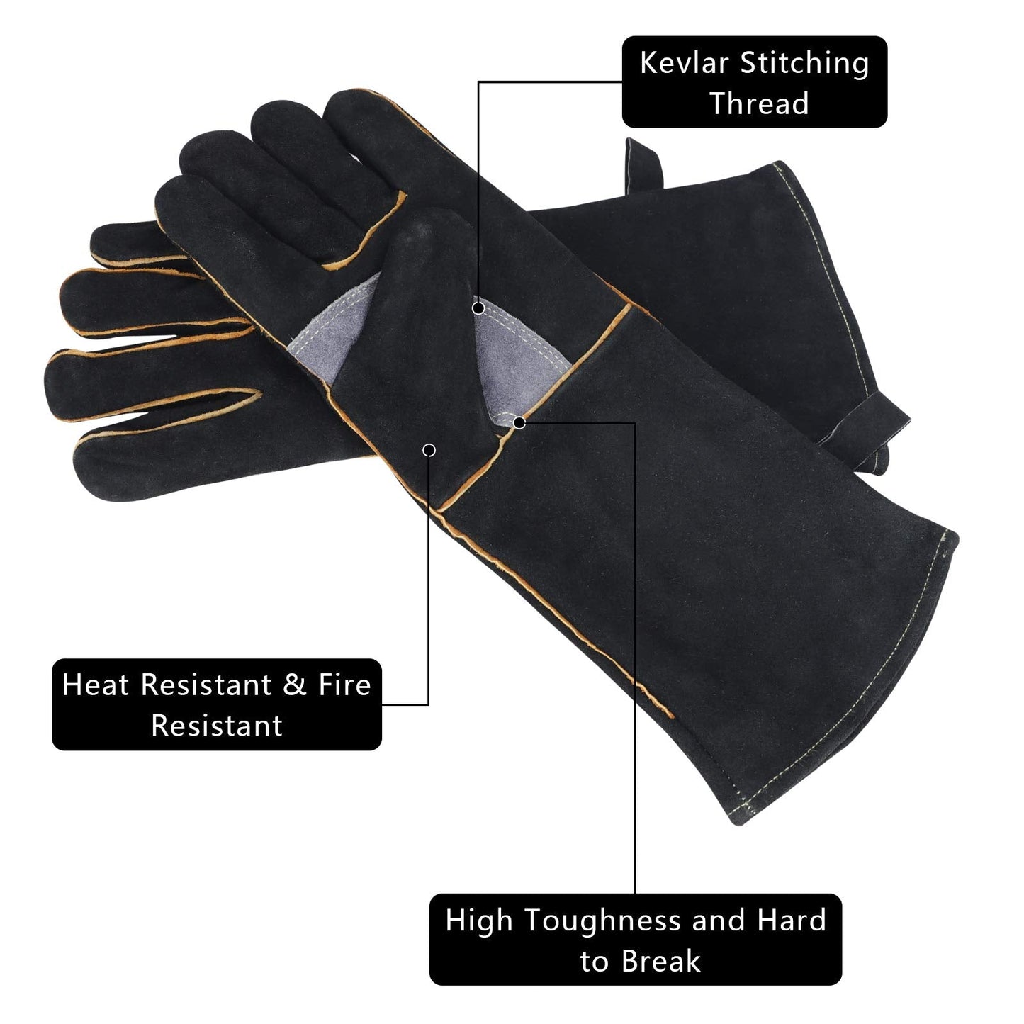 chengsan Extreme Heat & Fire Resistant Gloves Leather with Kevlar Stitching,Perfect for Fireplace, Stove, Oven, Grill, Welding, BBQ, Mig, Pot Holder, Animal Handling, Black-Grey