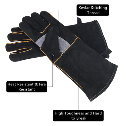 chengsan Extreme Heat & Fire Resistant Gloves Leather with Kevlar Stitching,Perfect for Fireplace, Stove, Oven, Grill, Welding, BBQ, Mig, Pot Holder, Animal Handling, Black-Grey