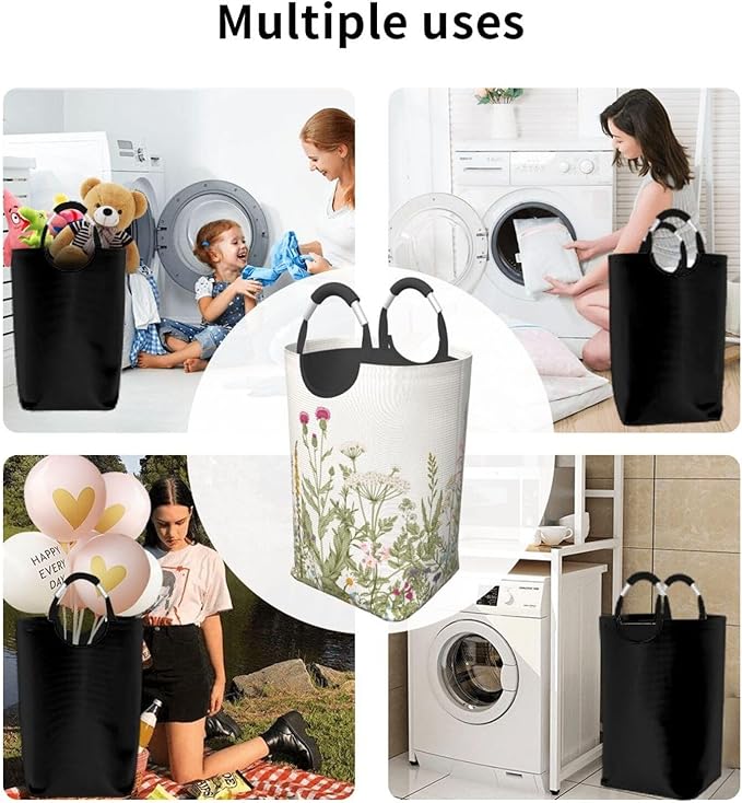 Vintage Floral Plants Laundry Basket Wild Flowers Herbs Foldable Collapsible