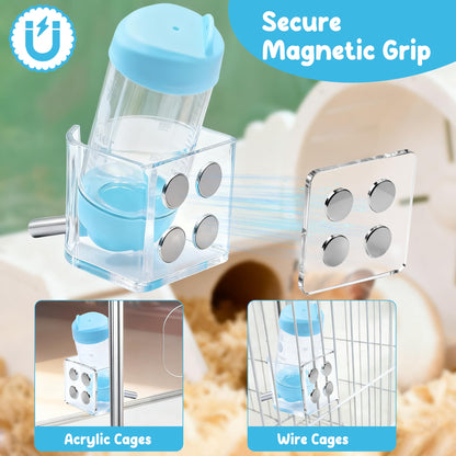 Magnetic Hamster Water Bottle Holder with Water Bottle, Adjustable Height Drop-Resistant Stand, Fits Bottles up to 2" Dia, Universal for Small Pets (Hamsters, Gerbils, Mice), Hamster Cage Accessories