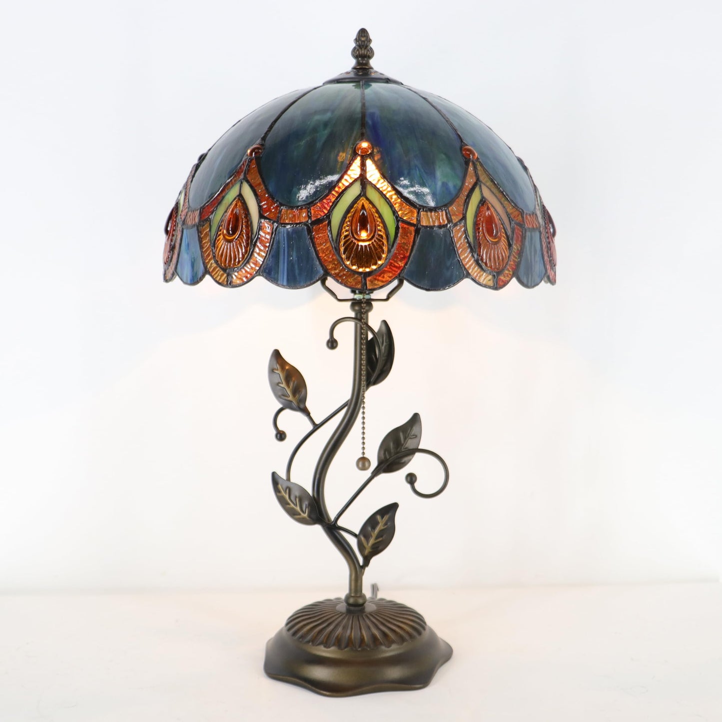 HWDFEI Tiffany Table Lamp, Stained Glass Style Desk Lamp, 12X12X19 Inch,Bedside Reading Light, Metal Leaf Base（Peacock Crystal Style
