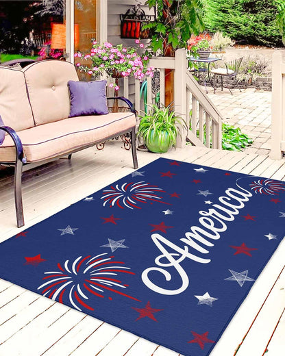 4th of July Outdoor Rug 5x8 ft American Flag Outdoor Large Area Rug Non Slip Patriotic Stars Red Blue Fireworks Front Door Mat RV Camping Carpet Patio Outdoor Rugs for Backyard Balcony Indoor
