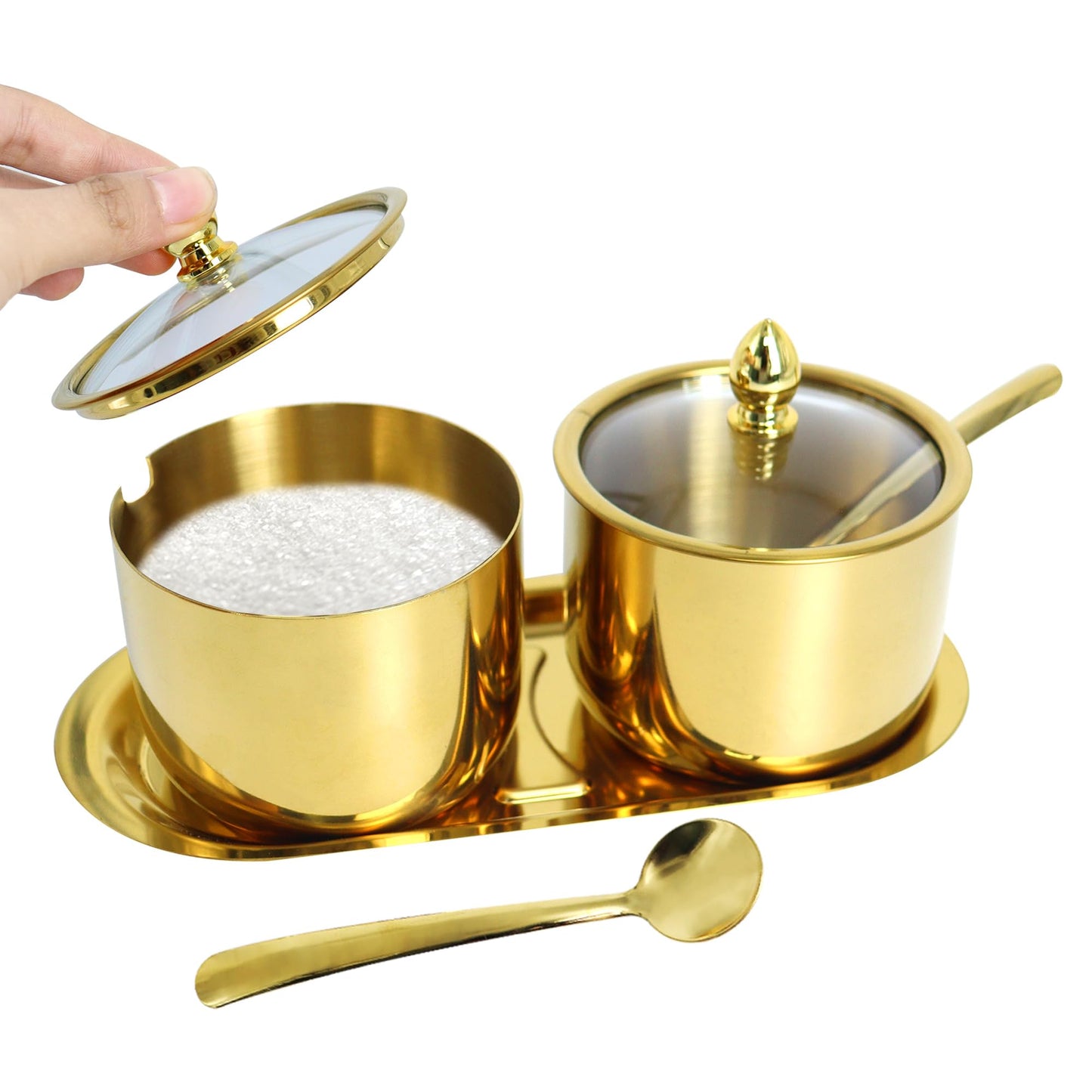ACOSIY 2 Pack Gold Stainless Steel Sugar Bowl with Lid and Spoon, 10.5oz Small Sugar Container for Coffee Bar, Drum Shape Sugar Cube Holder, Spice Jars for Countertop, Kitchen Ghee Container (2)