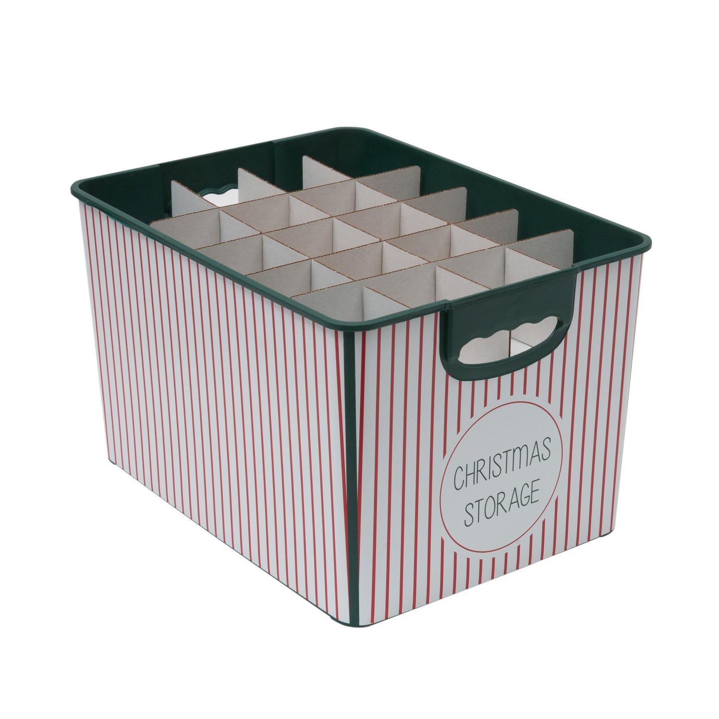 Simplify Christmas Stripe Design Holiday Tote Bin Ornament Storage | Holds 60 Ornaments | Removeable Lid | Easy Carry Handles | Christmas Storage | Green