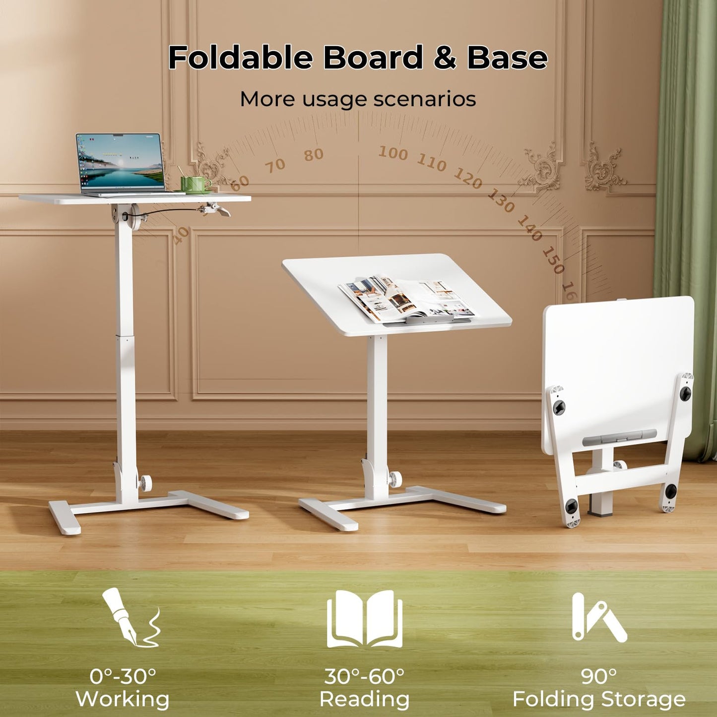 Gibbon Mounts Foldable Standing Desk，Small Mobile Sit-Stand Desk with 90 Tiltable Top，Rolling Rising Laptop Workstation Adjustable Height，Portable Table on Hidden Wheels/4 Lockable Casters，White