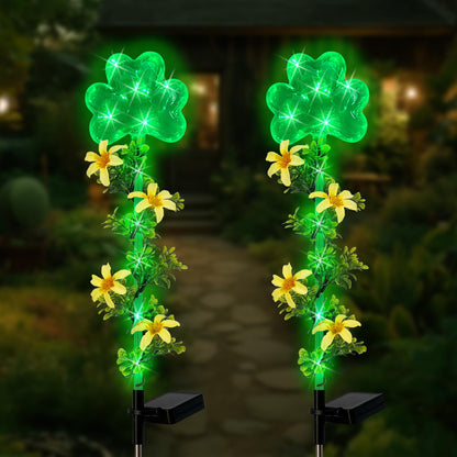 Hokfirm ST Patrick's Day Decorations Outdoor,2 Pack Shamrock Solar Lights Outdoor,Solar Powered Green Fairy Lights Holiday Decorations for Yard,Lawn,Garden Stkae