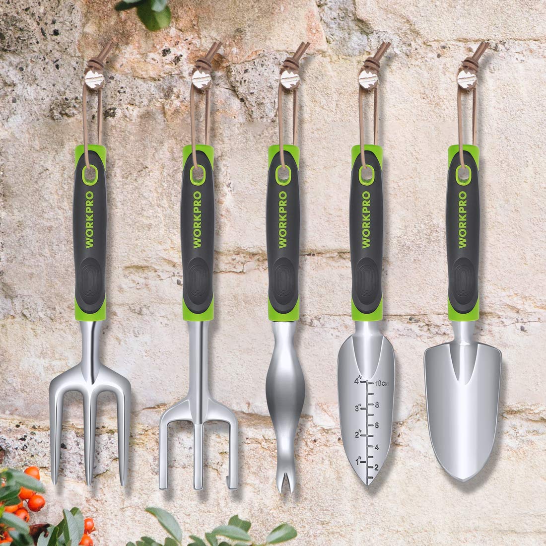 WORKPRO 5 Pcs Gardening Tools Cast Aluminum Garden Set with Fork, Weeder, Claw, Trower, Soil Shovel for Gardener