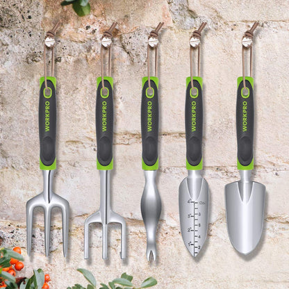 WORKPRO 5 Pcs Gardening Tools Cast Aluminum Garden Set with Fork, Weeder, Claw, Trower, Soil Shovel for Gardener