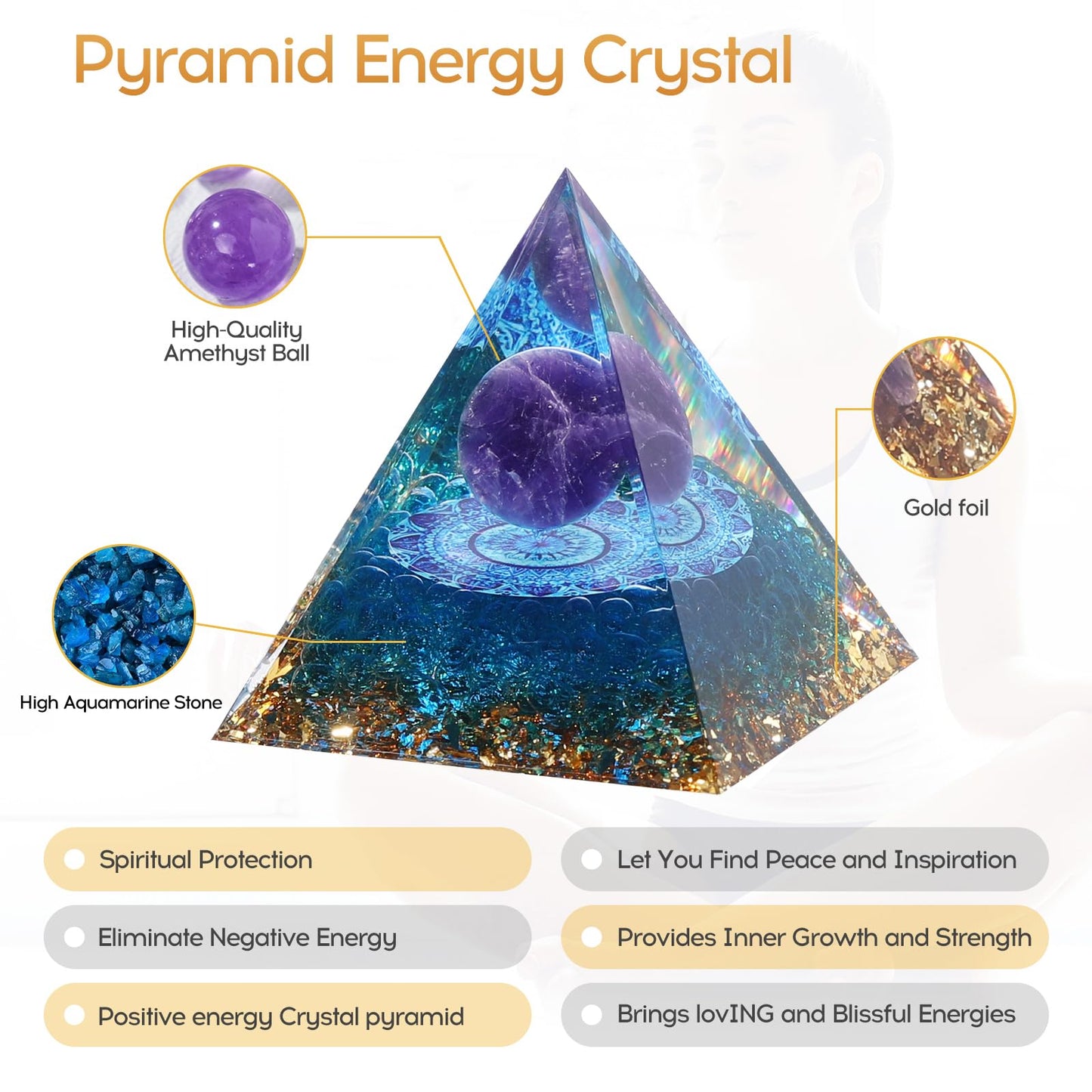 Hopeseed Orgone Pyramid for Positive Energy, Orgonite Natural Amethyst&Aquamarine Healing Crystals Pyramid for Reduce Stress Chakra Reiki Healing Meditation Cleanses the Mind and Boosts Confidence