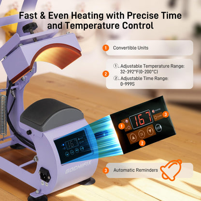 GOCHIFIX Heat Press, Precise Temp/Timer Control, 6.54"x3.84"Curved Heat Plate, 2 Hat Pad, Hat Stretcher, Safety Base, Glove, Hat Press Heat Machine for Caps, Sublimation, Vinyl, Heat Transfer