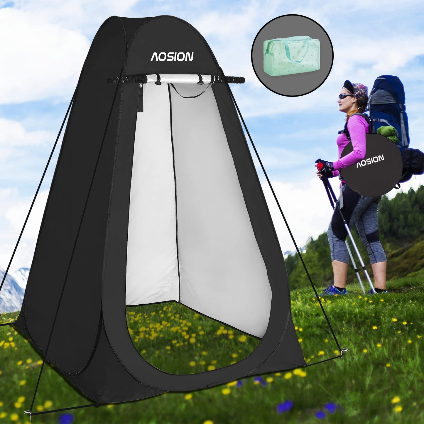 AOSION Privacy Shower Tent,Pop Up Changing Tent,Camp Bathroom Changing Dressing Room,Sun Sunshade Canopy Outdoor Rain Shelter for Camping Hiking Beach Picnic Fishing. (Black)