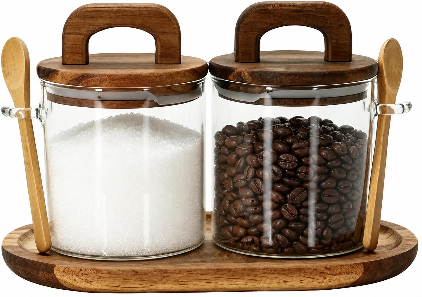 Lolytama Sugar Bowl Set,Airtight Glass Sugar Jar with Wooden Lids,Sugar Container Side Spoons and Serving Tray,Round Coffee Bar Accessories for Tea Station,Countertop, Pantry Shelf,2 Pack