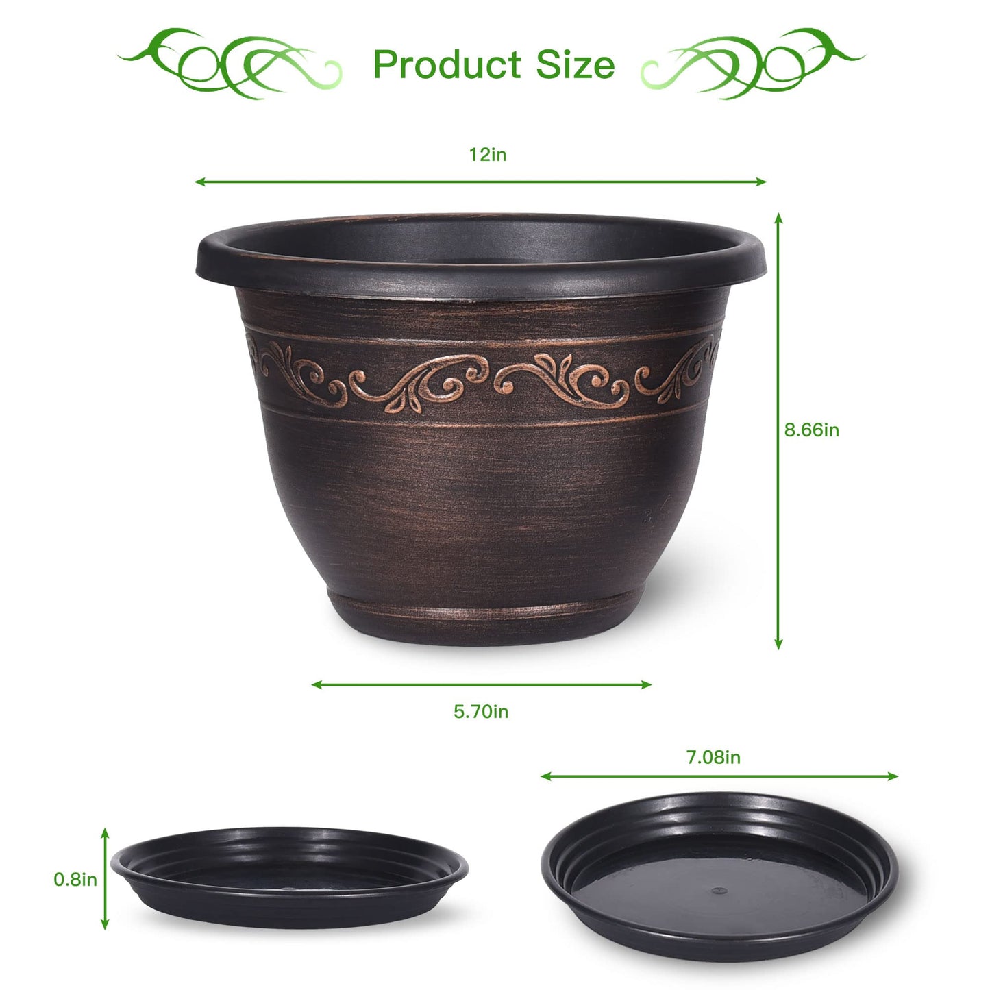 Plastic-Plant-Flower-Planters-12 Inch with Drainage Hole & Saucer, 3 Packs Lightweight Small Resin Flower Pot Indoor Outdoor, Retro Antique Imitation Decorative Garden Containers Sets for Houseplants
