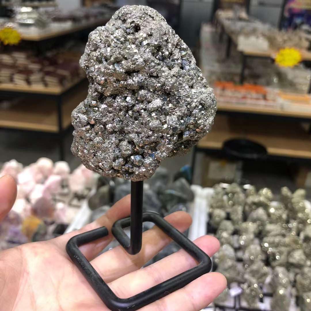 JIC Gem Natural Pyrite Crystal Stone on Metal Stand Raw Pyrite Cluster Fools Gold Reiki Healing Home Decor 300-400g