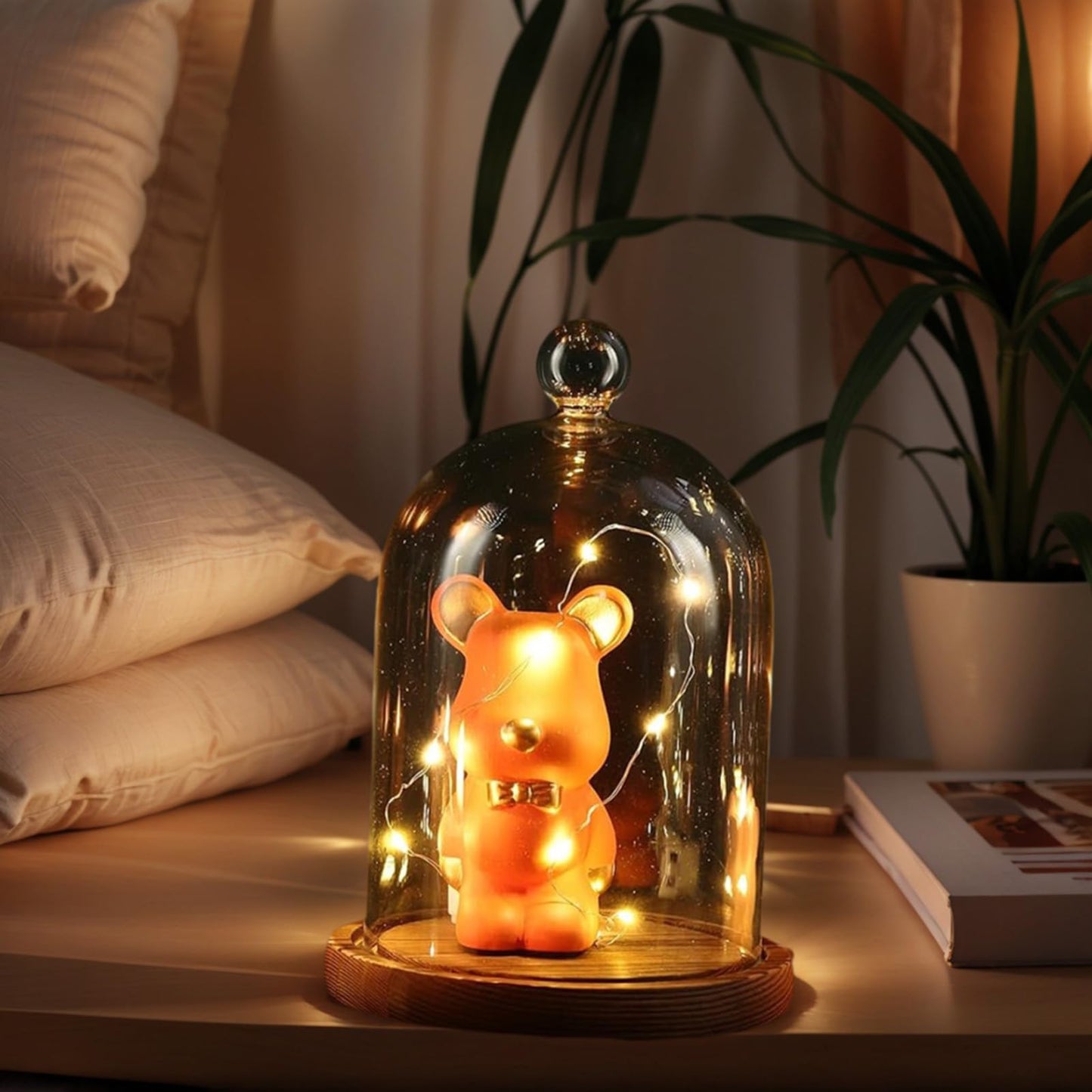 PCYMYN Glass Cloche Dome Bell Jar Display Case with Small Ball Top and Wooden Base for Plant,Collectibles (Medium:4.7 * 6.3 inches)
