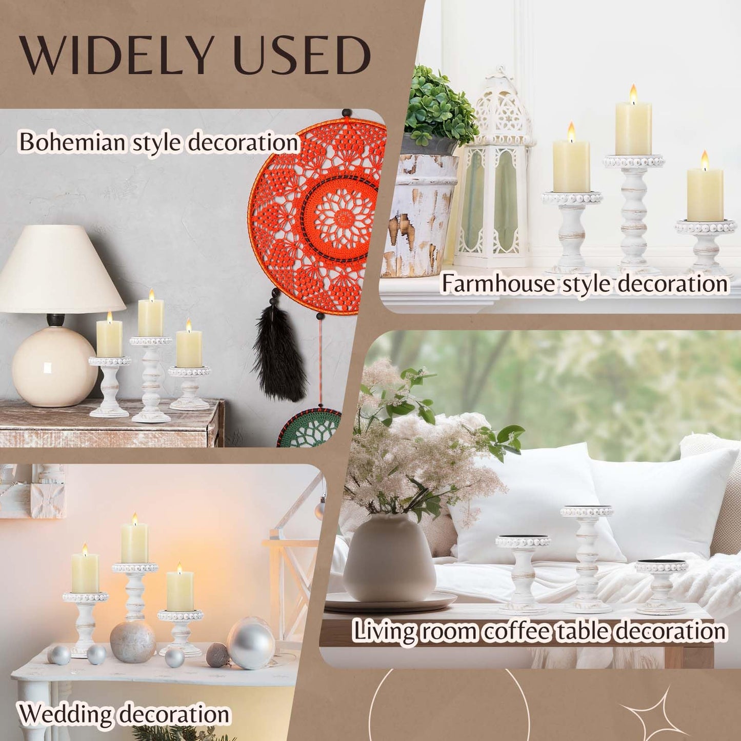 Mumufy 3 Pcs Candle Holders for Pillar Candles Rustic Farmhouse Home Decor Decorative Washed Beaded White Black Wood Candle Holder Country Style for Table Mantel Fireplace Wedding (White,Small)