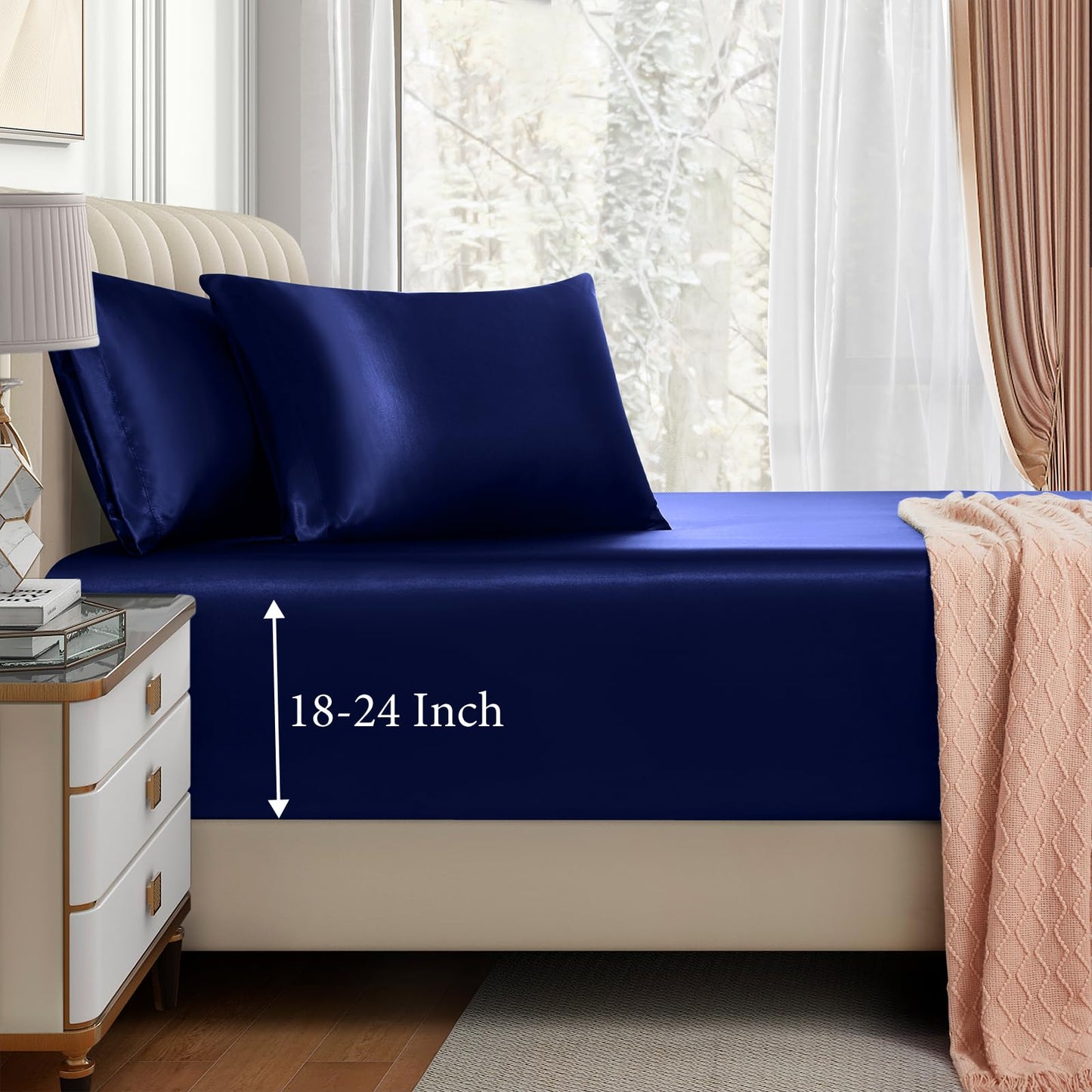 VACVELT 3pcs Extra Deep Pocket Satin Fitted Sheet Set King Bed Set, Navy Blue Bottom Sheet Fit 18-24 Inch Deep Pocket Mattress, Silky Bedding Set Soft & Ultra Deep Fitted Sheet + 2 Pillowcase