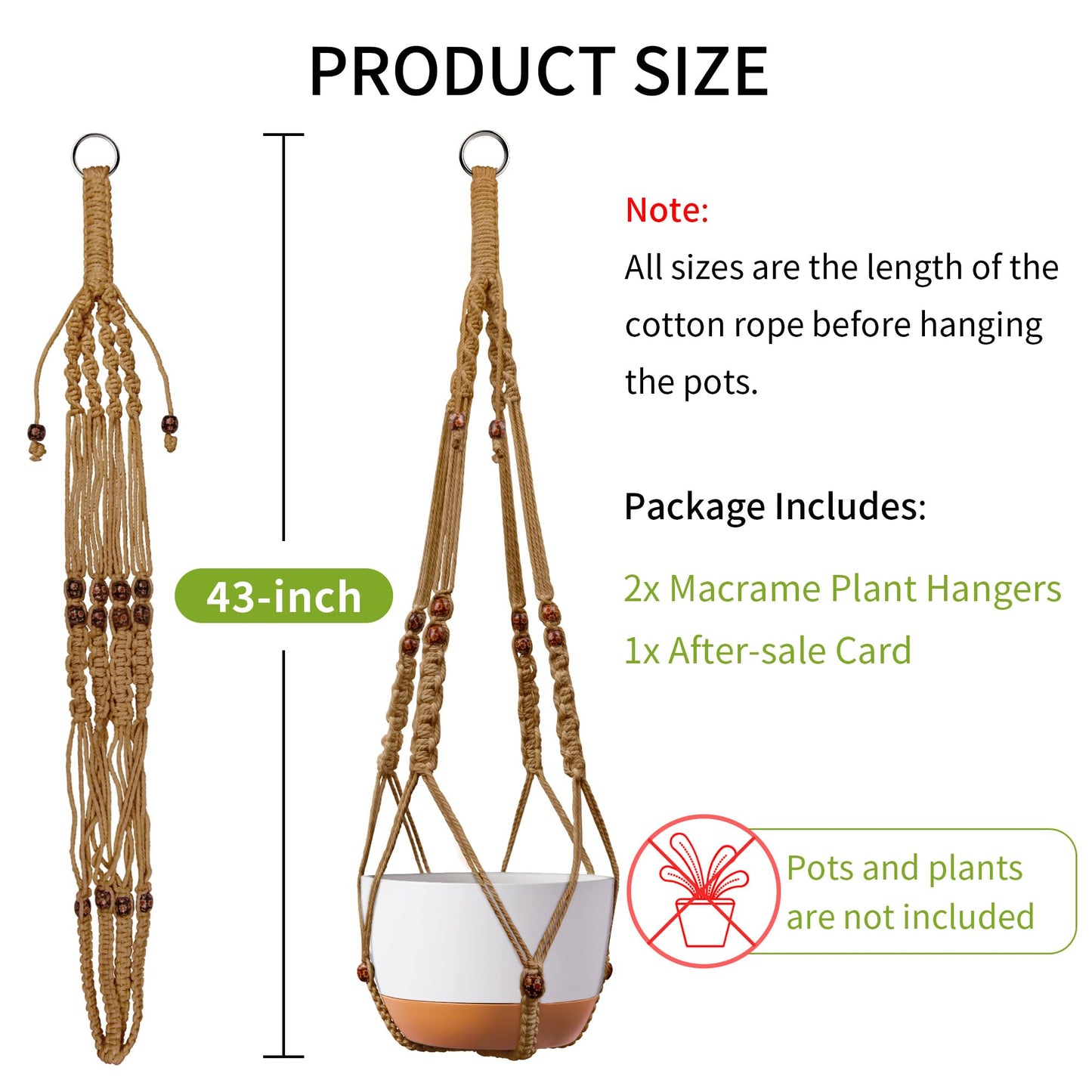 IDEEEPAN Macrame Plant Hanger - Fits 6 to 15 inches Pots for Indoor Outdoor, 43 Inch, Set of 2, Brown (POTS NOT Included)