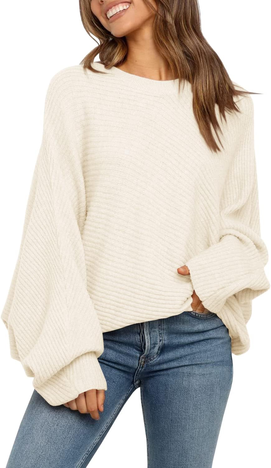 Mafulus Women's Oversized Crewneck Sweater Batwing Puff Long Sleeve Cable Slouchy Pullover Jumper Tops