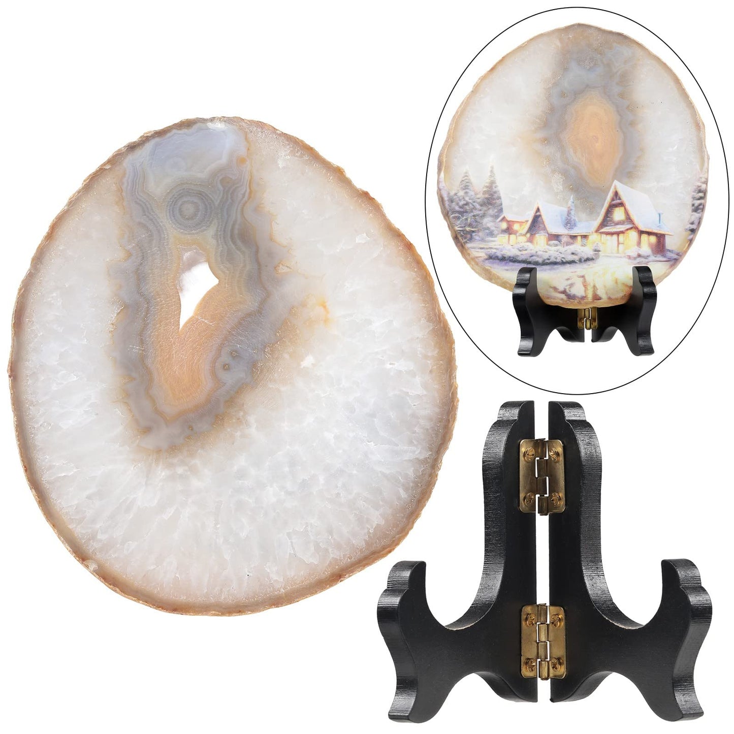 TUMBEELLUWA Natural Irregular Agate Slice Painting Decor with Wooden Stand Agate Geode Slab for Desk Hallway, Snowy Night