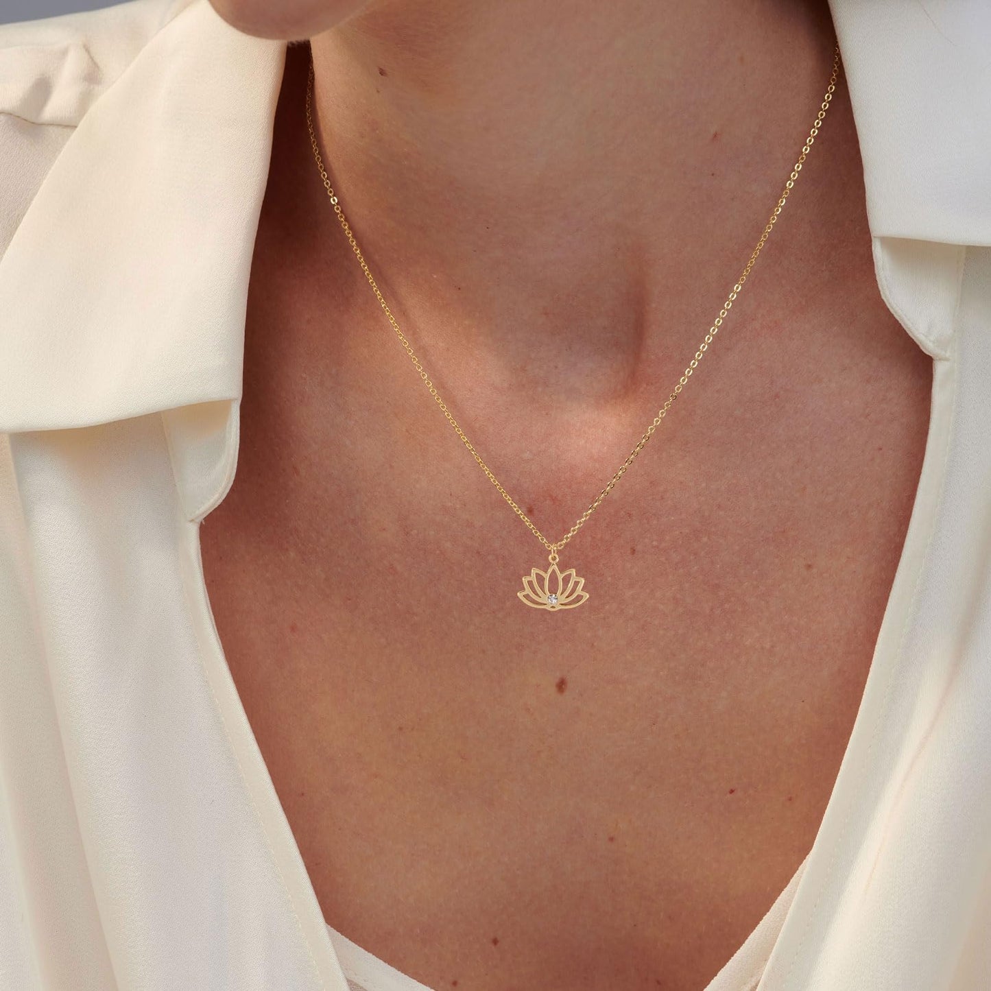 VRIUA Lotus Flower Necklace for Women 14k Plated Tiny Diamond Lotus Pendant Dainty Necklace Minimalist Simple Jewelry