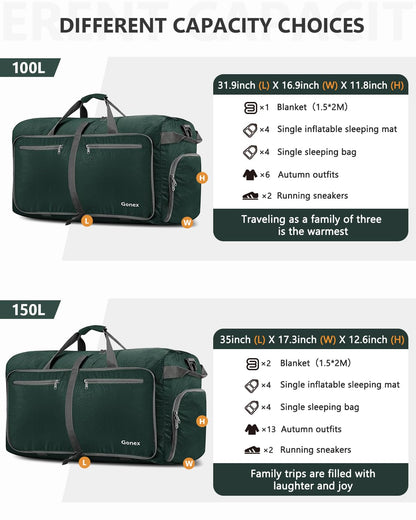 Gonex 80L Packable Travel Duffle Bag Foldable Duffel Bags for Luggage Gym Sports Camping Travelling Cycling Storage Shopping Water & Tear Resistant Dark Green