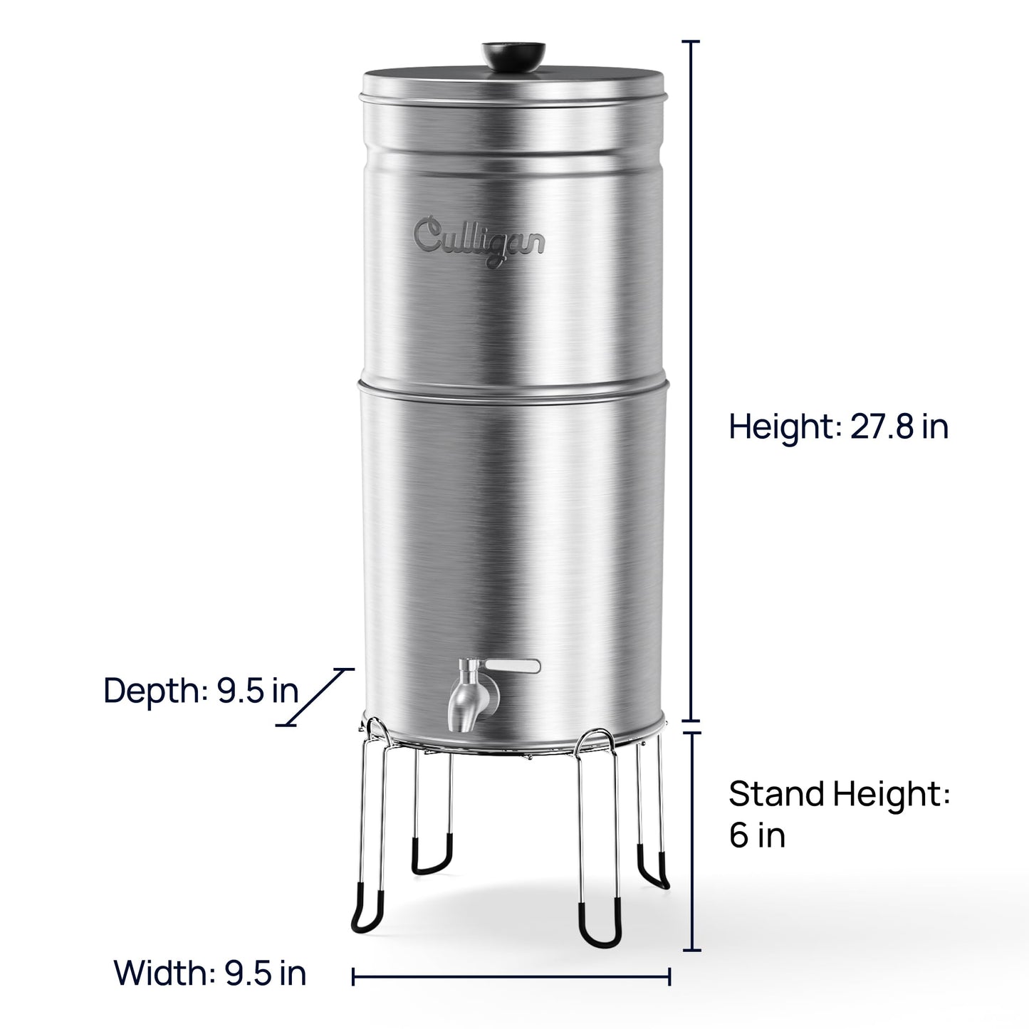 Culligan MaxClear 3 Gallon Gravity Water Filter System Removes Microplastics, PFAS & Lead, NSF/ANSI Certified, Brushed Stainless-Steel Countertop Filter with 1 Ceramic Filter