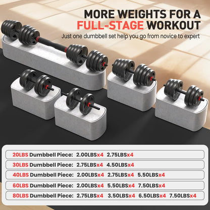 UKEEP Adjustable Dumbbells Set, 20/30/40/60/80lbs Free Weight Set with Connector of 2 Convertible to Barbell, Fitness Exercises for Home Gym Suitable Men/Women