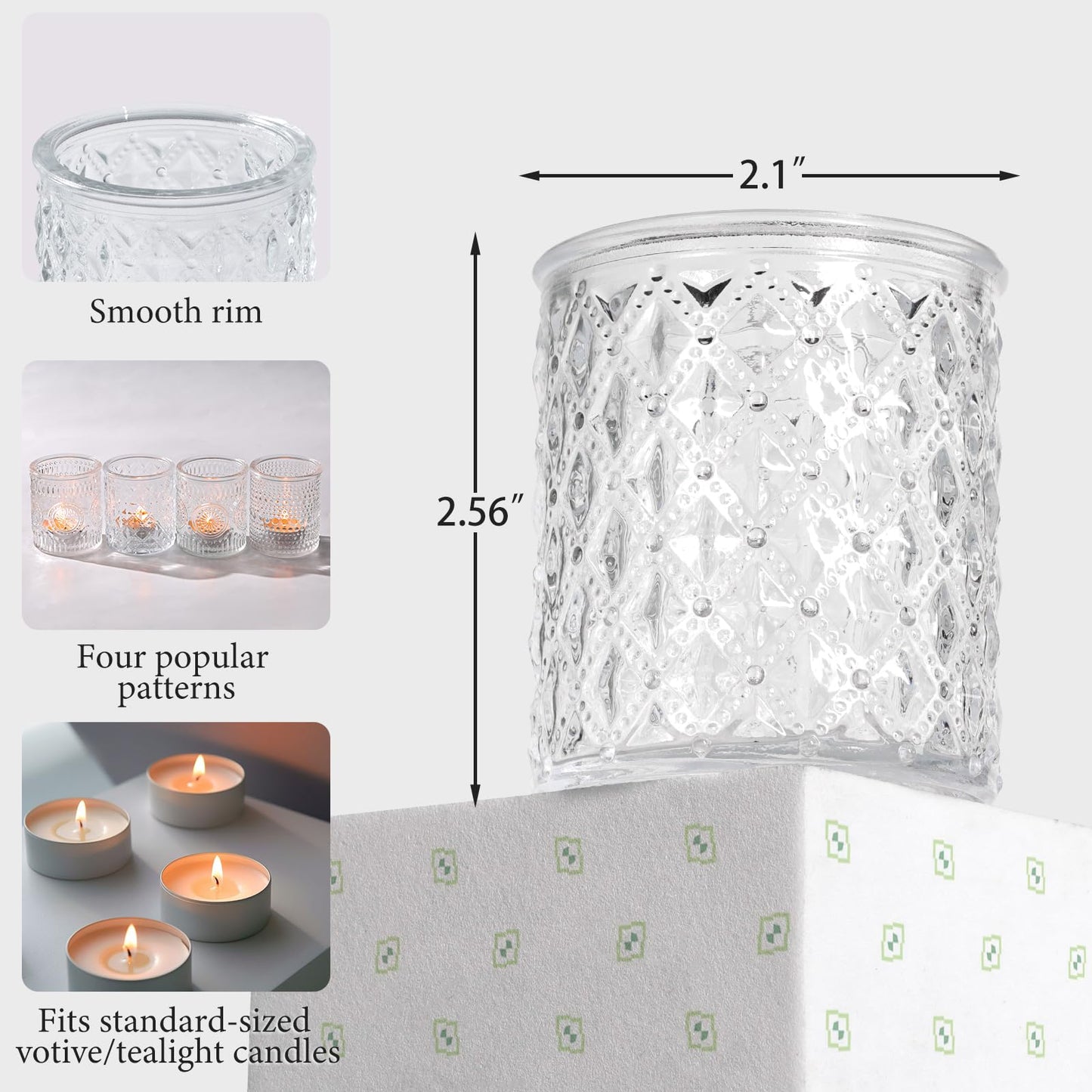 LETINE 16 Pcs Clear Glass Votive Candle Holders, Set of 4 Assorted Embossed Patterns, Tealight Candle Holders Bulk for Spring Summer Wedding Table Centerpieces, Valentine's Day & Party Decorations