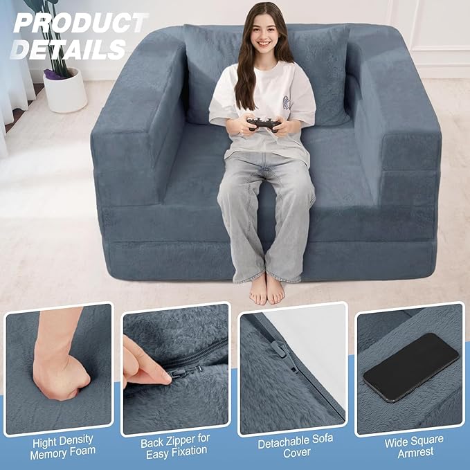 Futon Sofa Bed with Pillow, 3-in-1 Sleeper Sofa Bed with Removable Cover