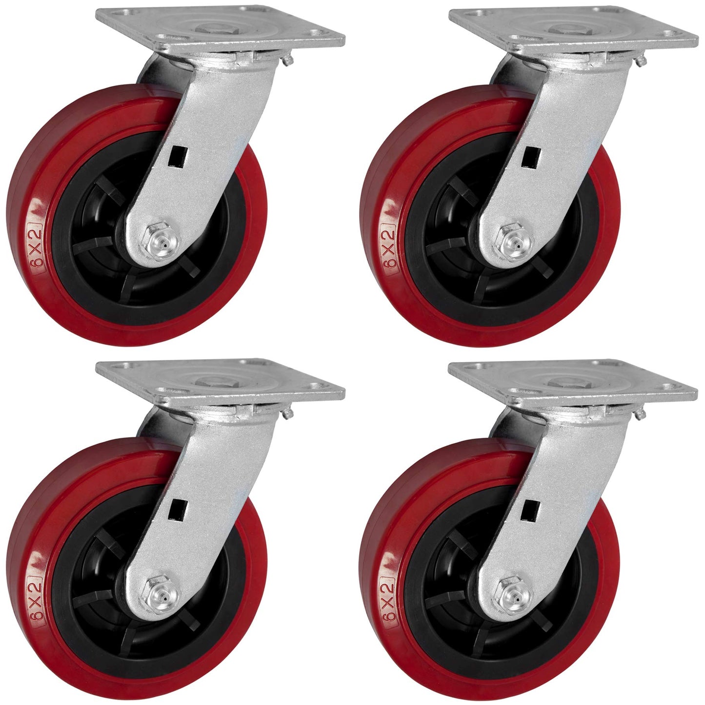 IconCasterWheels 6 inch PRO-TECH Polyurethane Non-Marking Heavy Duty Swivel Caster Wheels Set of 4-4 Swivel, 4" x 4.5" Top Plate, Industrial Plate Casters, 3600 LBS Load Capacity Per Set, Red