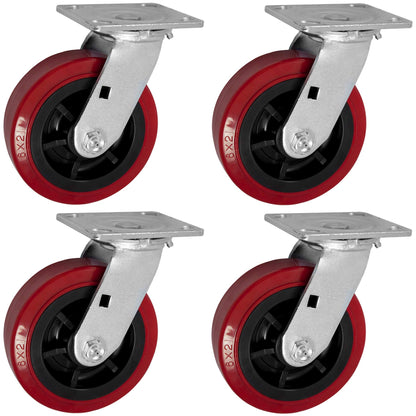 IconCasterWheels 6 inch PRO-TECH Polyurethane Non-Marking Heavy Duty Swivel Caster Wheels Set of 4-4 Swivel, 4" x 4.5" Top Plate, Industrial Plate Casters, 3600 LBS Load Capacity Per Set, Red