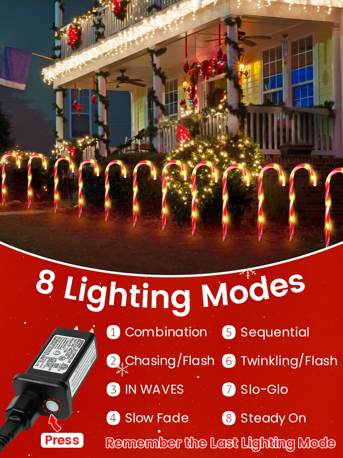 BOSSERN 24 Pack Christmas Candy Cane Lights Plug in, Jumbo Candy Cane Light Waterproof, 8 Modes Christmas LED Decorations for Outdoor, Pathway Lights Plug in for Garden Lawn Yard Patio Decorations