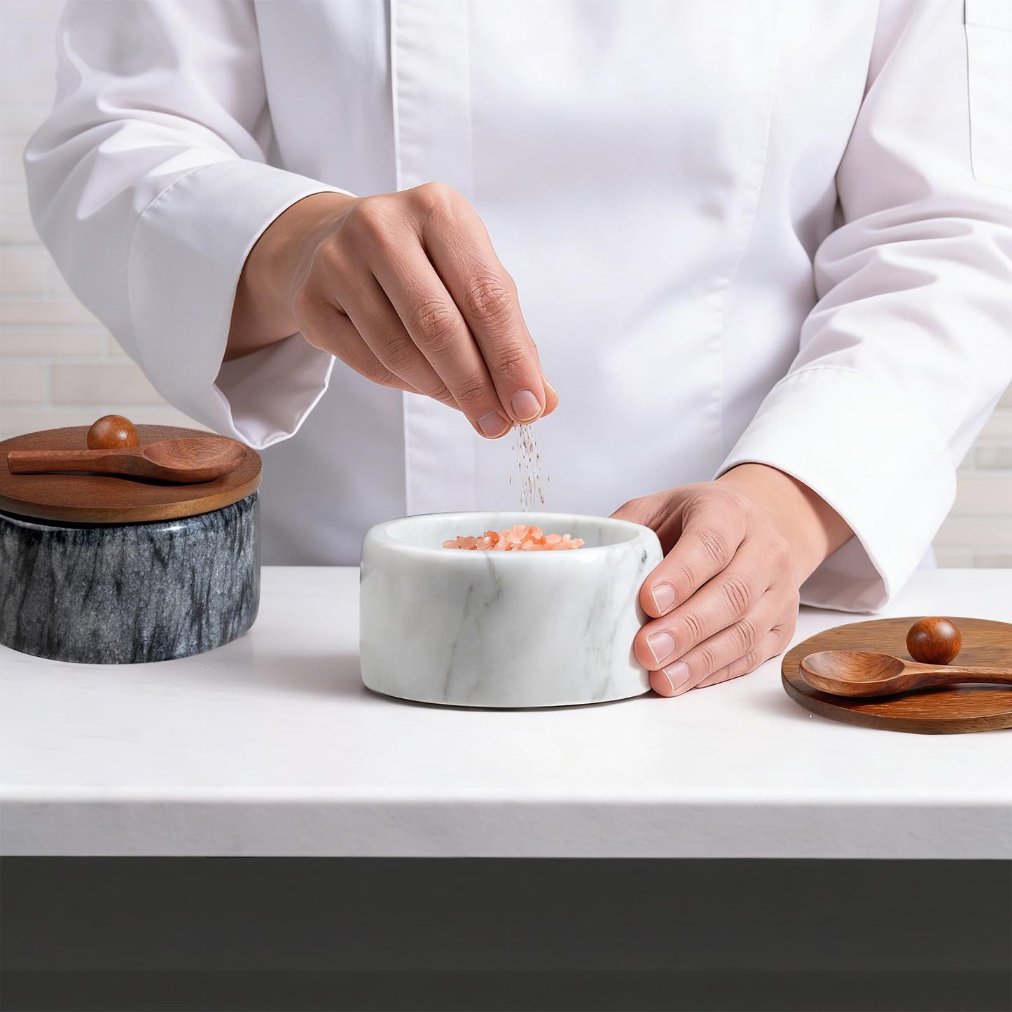 MINCORD Marble Salt and Pepper Bowls Set with Lids and Spoons – Natural Stone Salt Cellar & Pinch Pots for Kitchen Counter – Modern Spice Keeper Container for Gourmet Sea Salt, Kosher & Finishing Salt