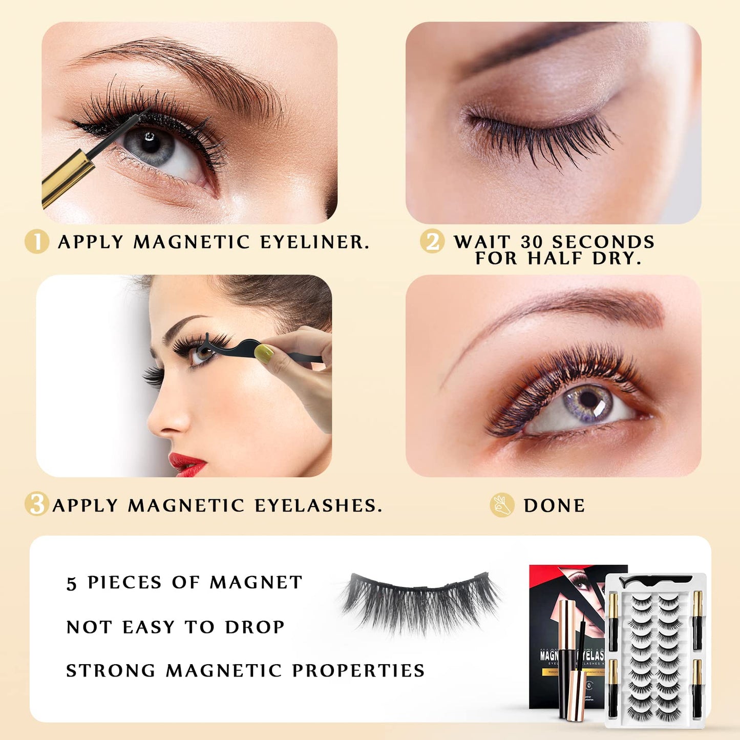 Magnetic Eyelashes, Magnetic Eyelashes Natural Look, 10 Pairs Reusable Eye Lashes 4 Tubes of Eyeliner with Tweezer
