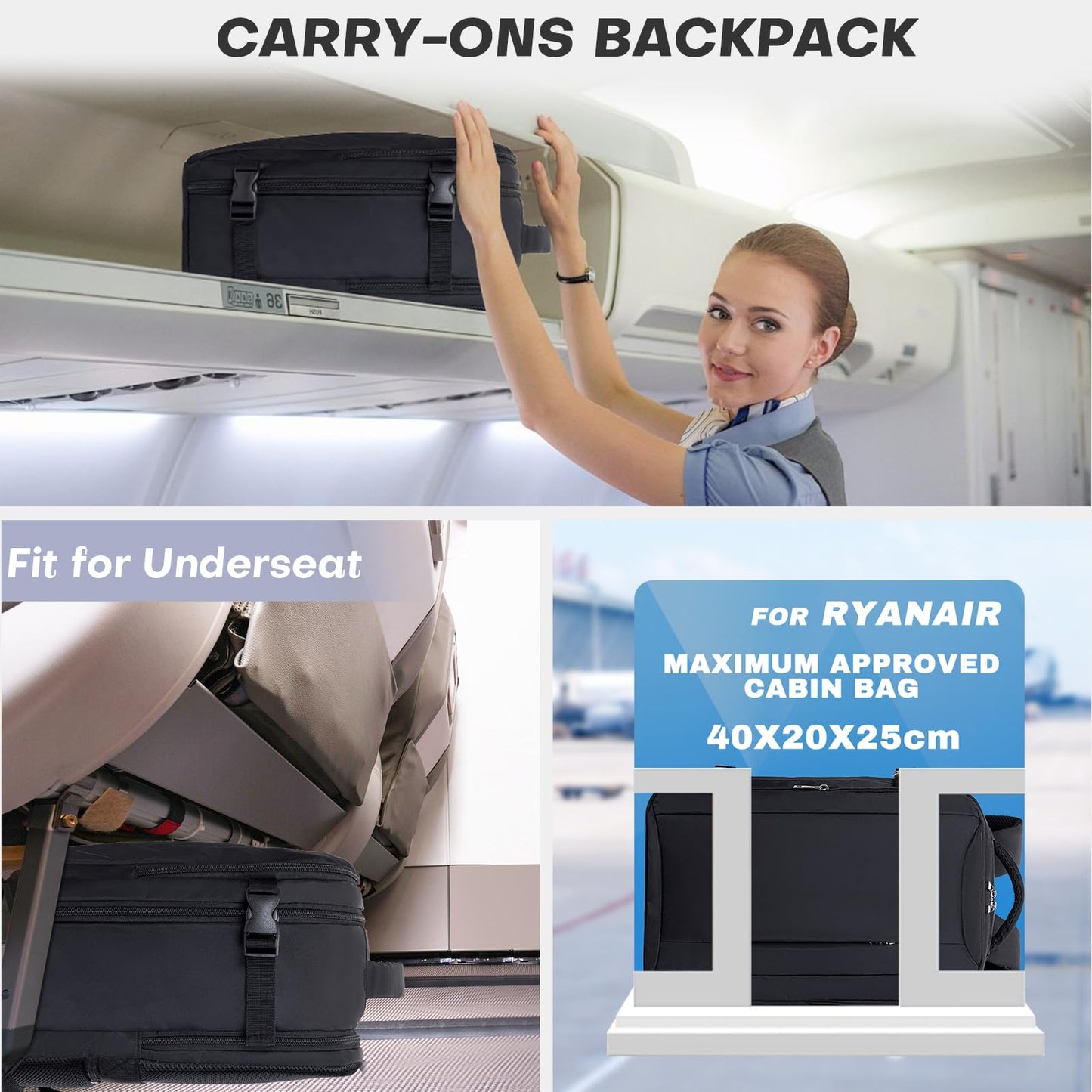 Xkdoai for Ryanair Cabin Bags 40x20x25, Underseat Cabin Bag Travel Bag Hand Luggage Bag Travel Backpack Cabin Size Carry-ons Cabin Backpack Flight Bag for Travelling