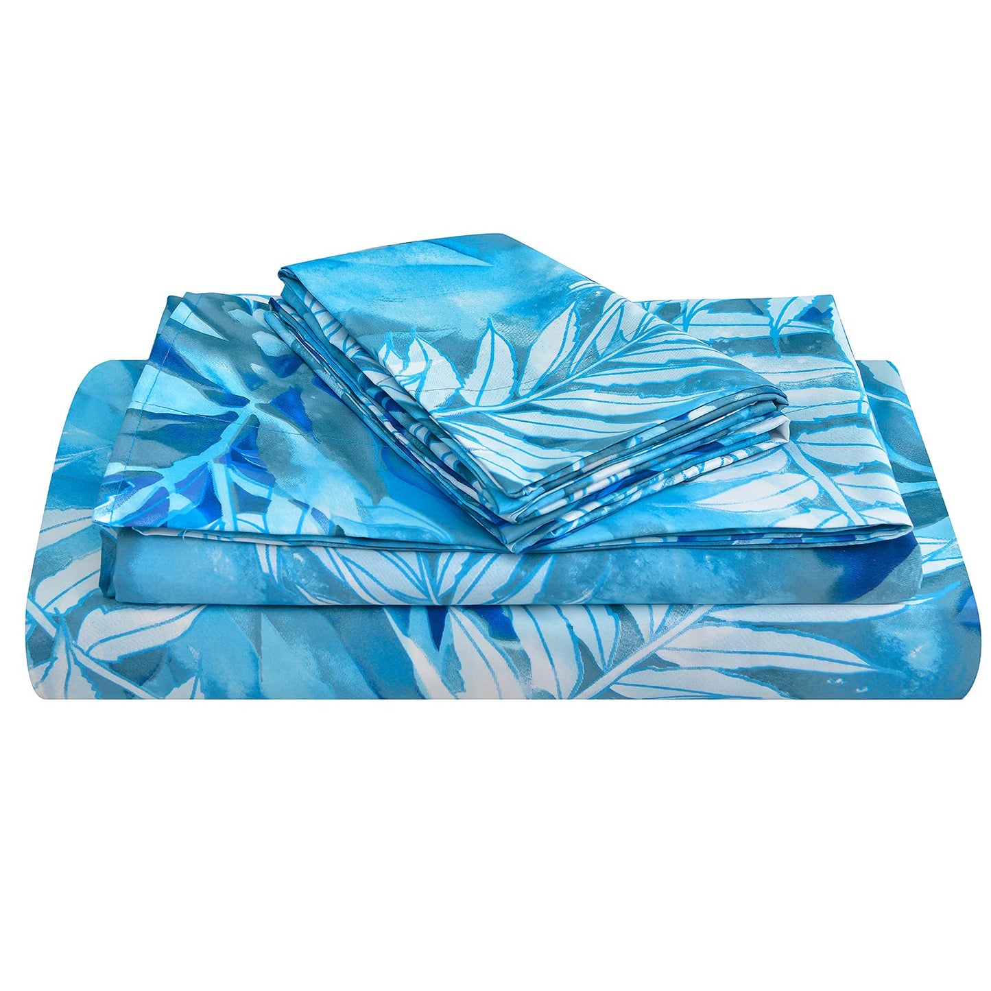 JSD Blue Tropical Leaves Print Sheet Set Queen, 4 Piece Soft Pattern Microfiber Bed Sheets Extra Deep Pocket