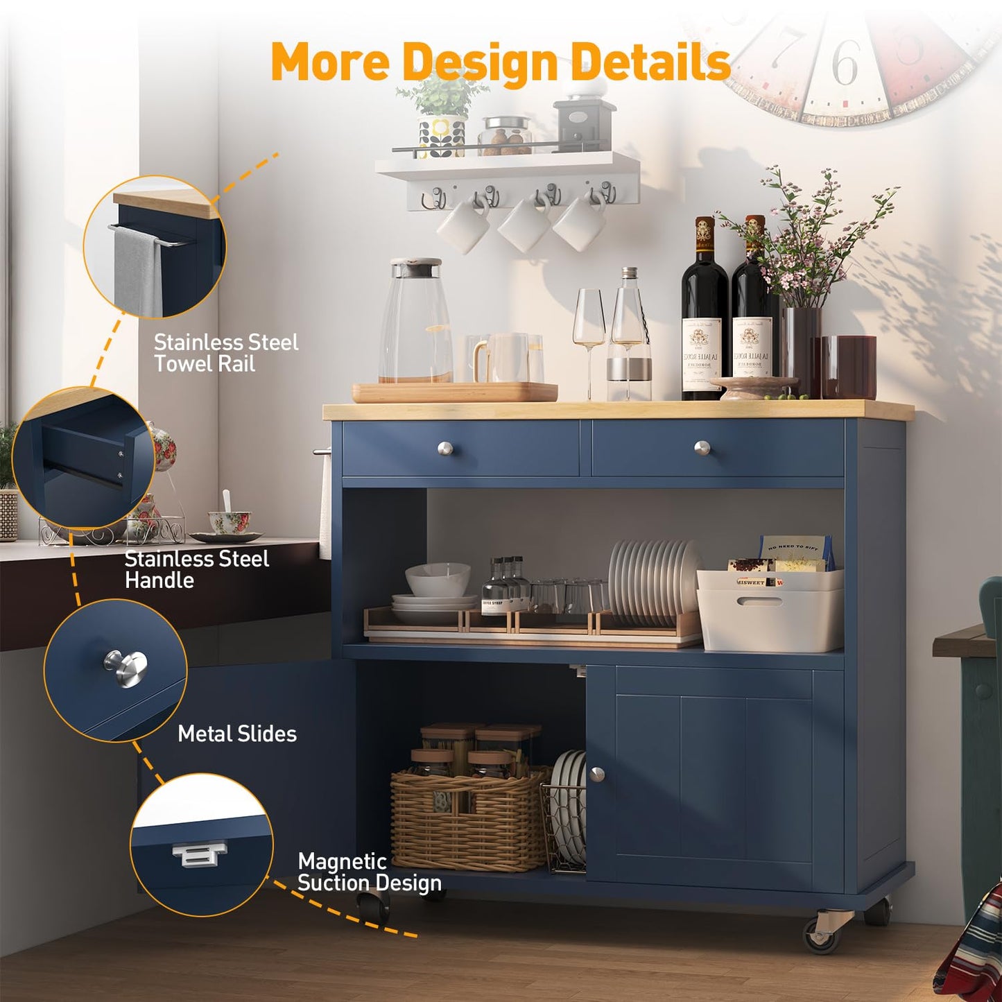 knoworld Rolling Kitchen Island with Storage Cabinet, 35.4'' Width Kitchen Cart, 2 Drawers Island Table, Portable Mobile Kitchen Island with Towel Rack, Wood Top and Lockable Wheels, Blue