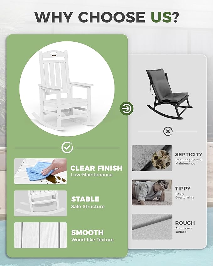 Oversized Rocking Chairs Outdoor Set of 2, High Back Porch Rocker Chair, HDPE All Weather Resistant Rocking Chairs for Patio, 380lbs Weight Capacity, White