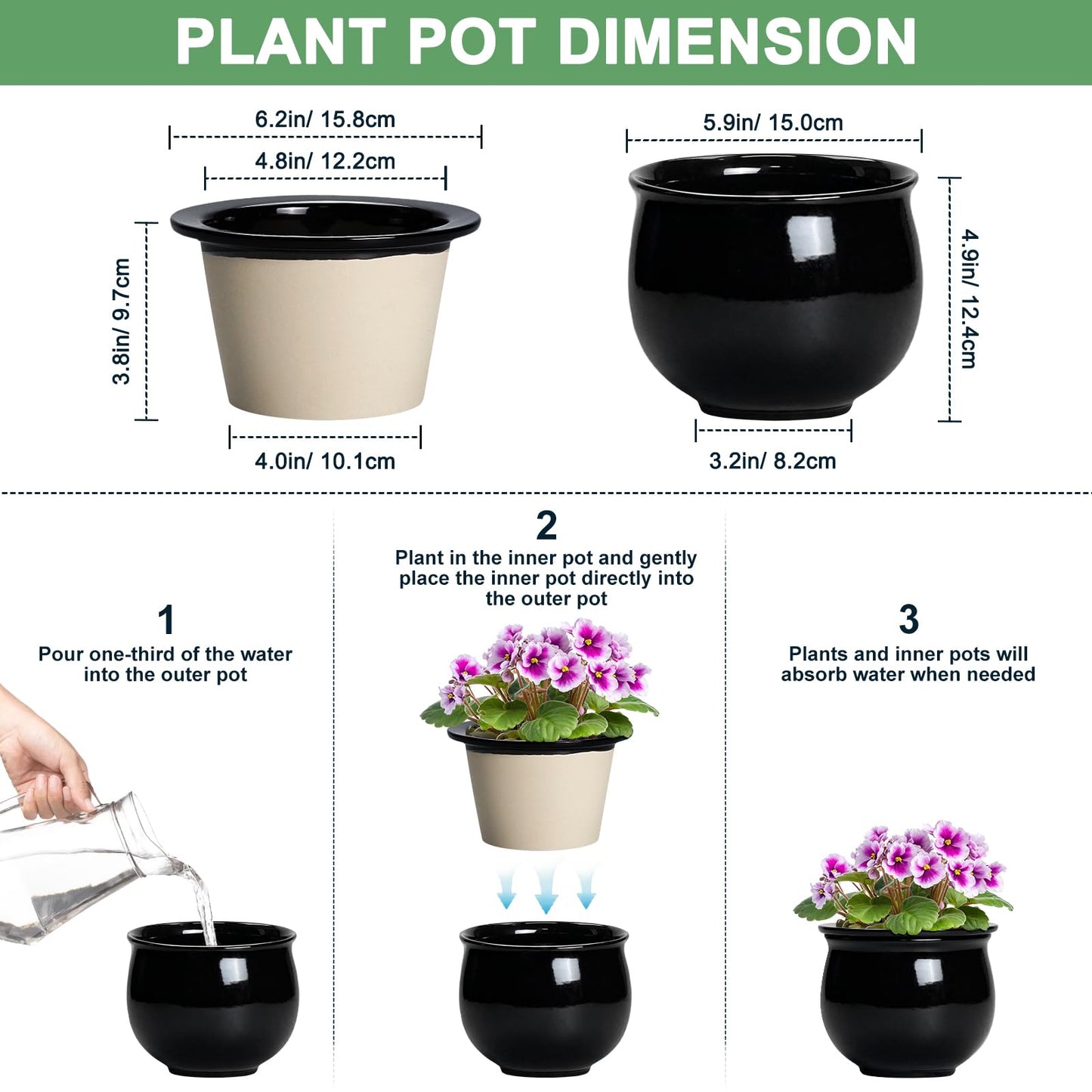 Teagas Ceramic African Violet Self Watering Pots, 6 Inch Self Watering Plant Pot with Absorbent Inner Pot, Flower Pots for Indoor Plants, Round Ceramic Planter, Home Decor, Plant Lover Gifts, Black