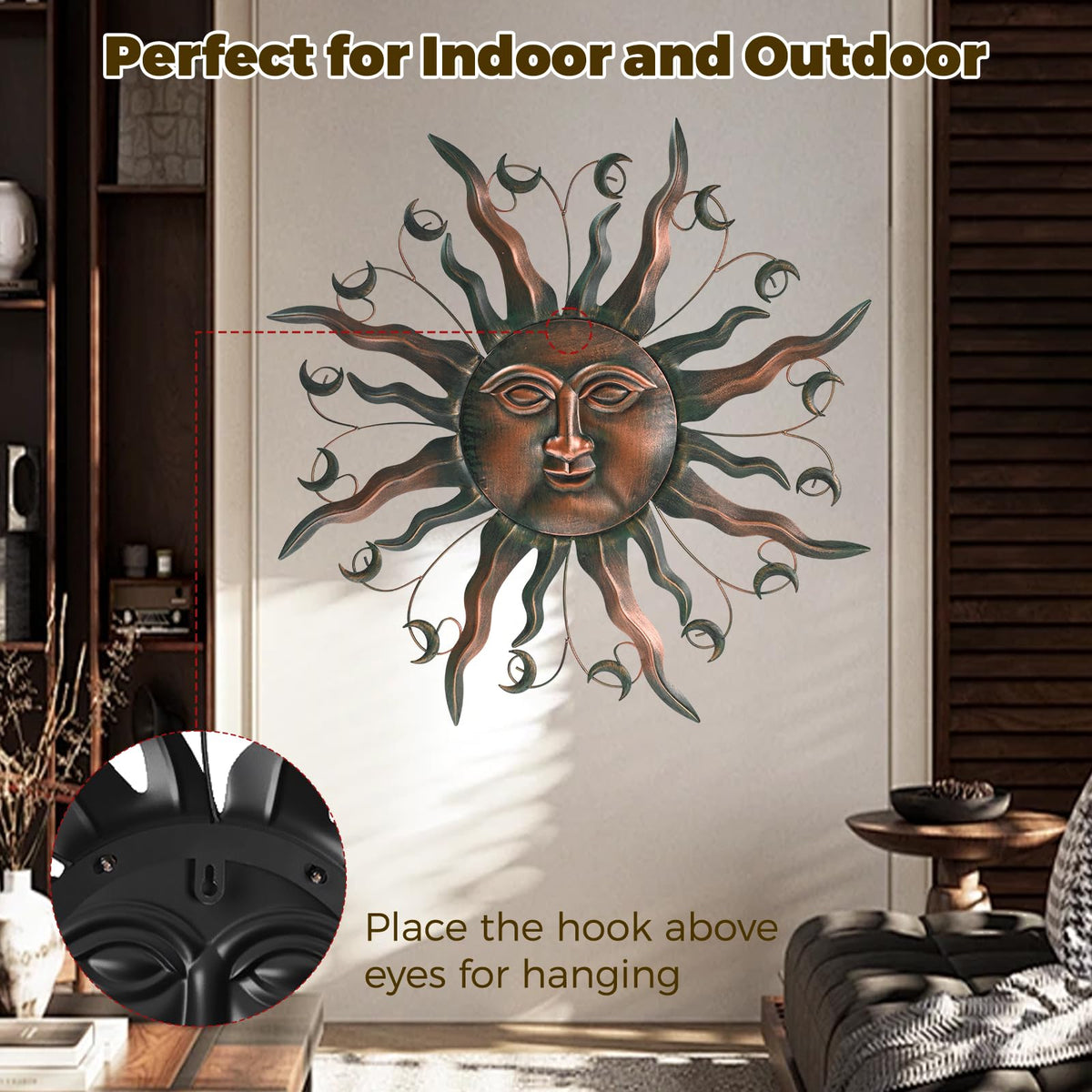 VESTCDF Outdoor Metal Wall Art Metal Sun 28" Metal Wall Art Sun Outdoor,Large Wall Decorations for Garden, Sun Wall Art Metal Sun Face Art (Moon)