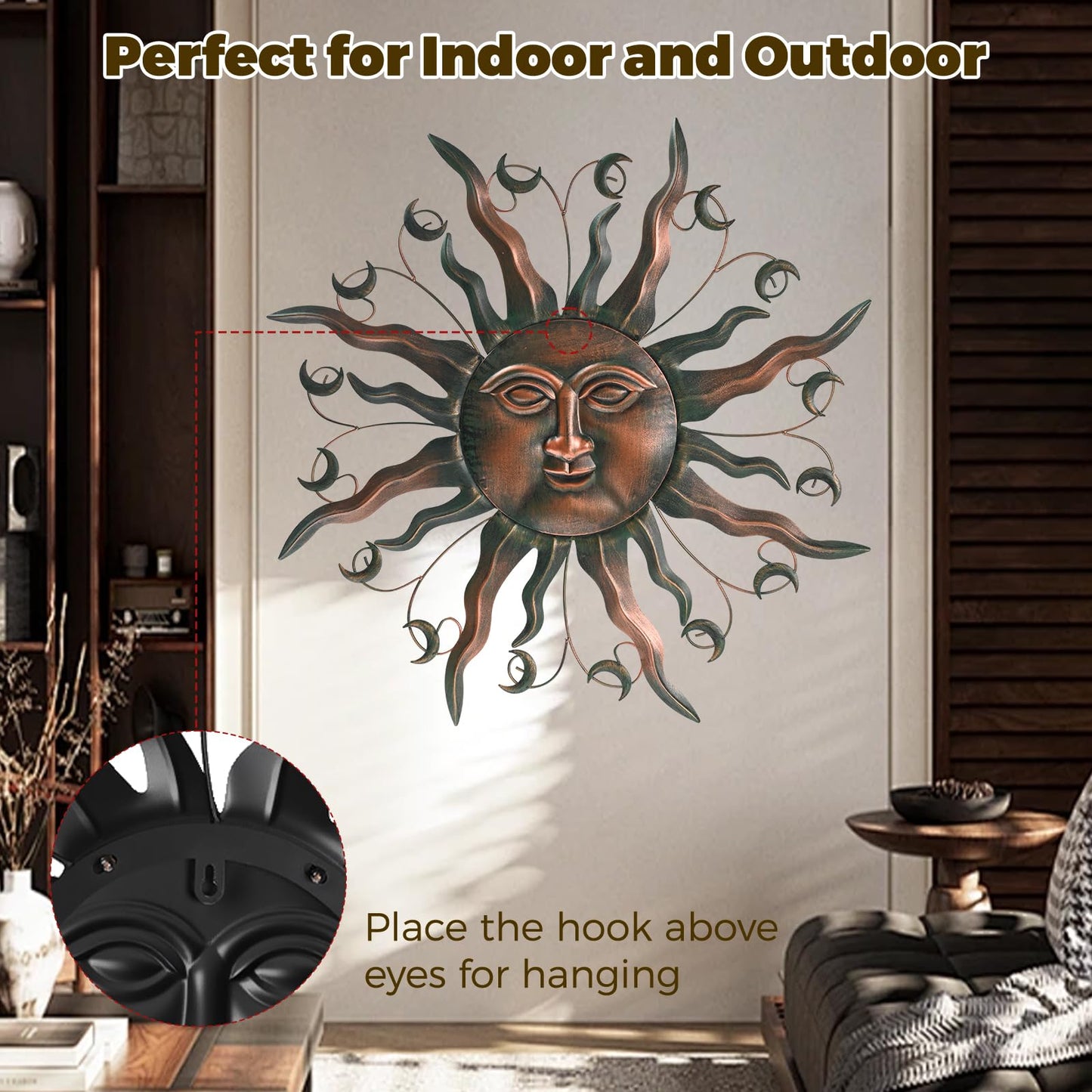 VESTCDF Outdoor Metal Wall Art Metal Sun 28" Metal Wall Art Sun Outdoor,Large Wall Decorations for Garden, Sun Wall Art Metal Sun Face Art (Moon)