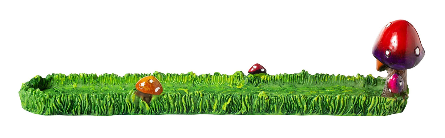 Mushrooms in Green Field Incense Stick Holder Burner with Ash Catcher
