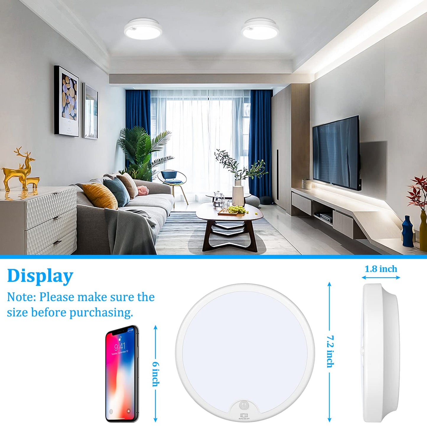 2-Pack Motion Sensor LED Ceiling Light Battery Operated, 7.2inch Flush Mount Light Fixture 6000K, Wireless Motion Activated Ceiling Lamp in 300LM for Closet Pantry Laundry Stair(Battery Not Included)