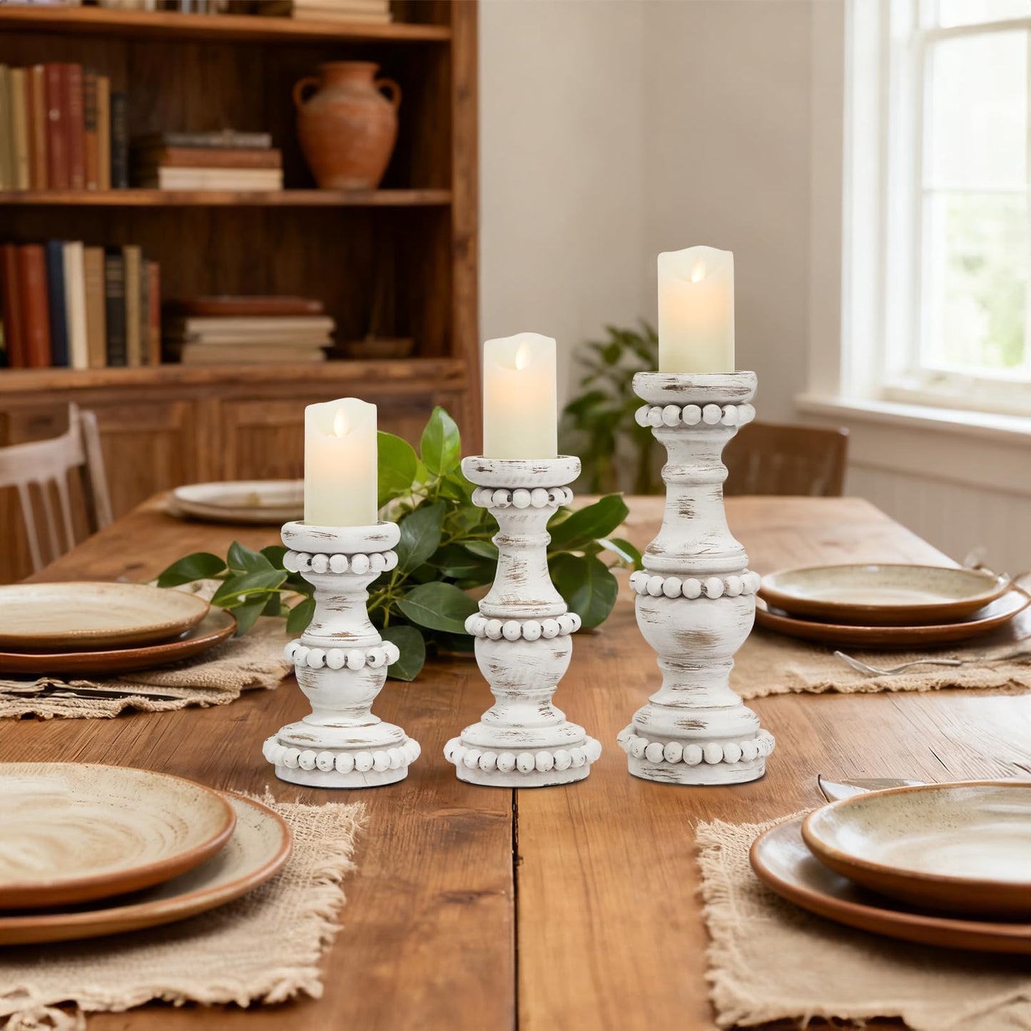 JUMBO DECOR Farmhouse Large Candle Holders for Pillar Candles, Rustic Wooden Beaded Candle Holder, Perfect for Table Centerpieces, Coffee Table or Fireplace Mantel, 3 Piece Set (White)