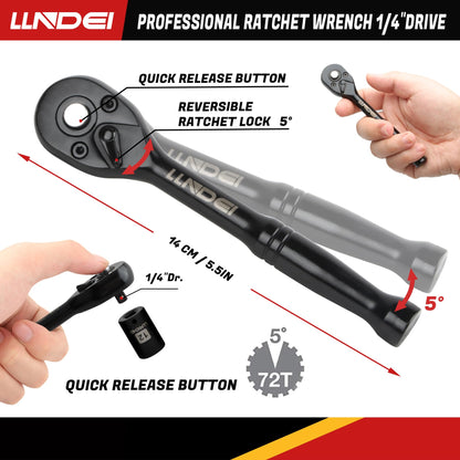 LLNDEI 48 Piece 1/4 Inch Mini Socket Ratchet Wrench Set, Metric Shallow Socket (4-14mm) 6-Point,with 72 Teeth Mini Ratcheting Wrench, Screwdriver Bit Set, Universal Joints and 3 Inch Extensions