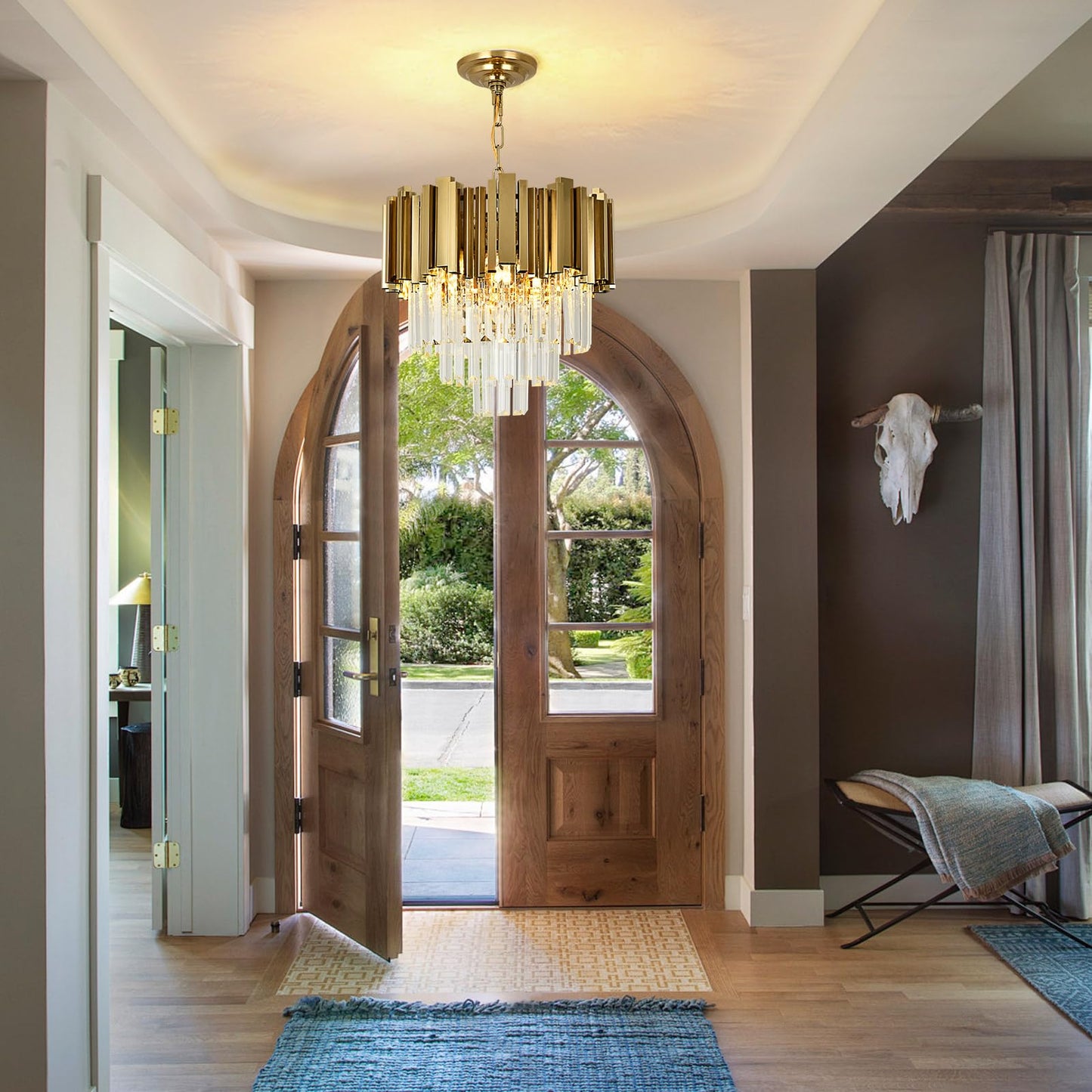 AOOCHOK Modern Crystal Chandelier Gold Pendant Light Fixtures, Small Crystal Pendant Lighting for Entryway, Corridor, Balcony, Porch, Restaurant, Door Opening, E26 x 3, Φ16inch