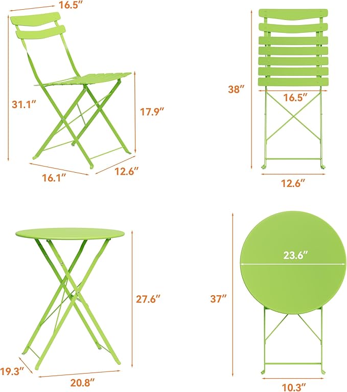 GarveeLife 3 Piece Patio Bistro Set, Folding Patio Bistro Table and Chairs Set